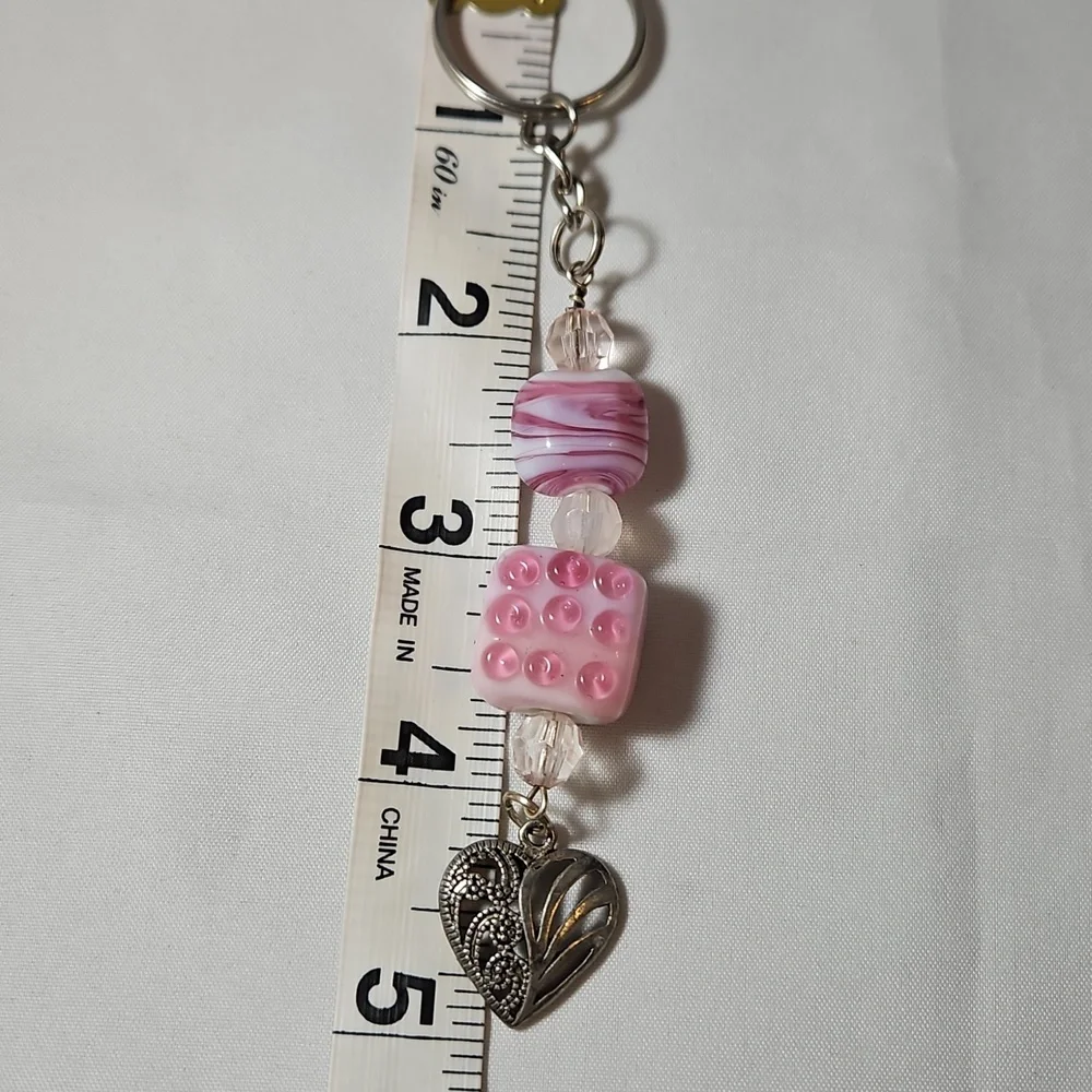 Elegant Pink Swirl Bead & Heart Charm Keychain Keyring Handmade